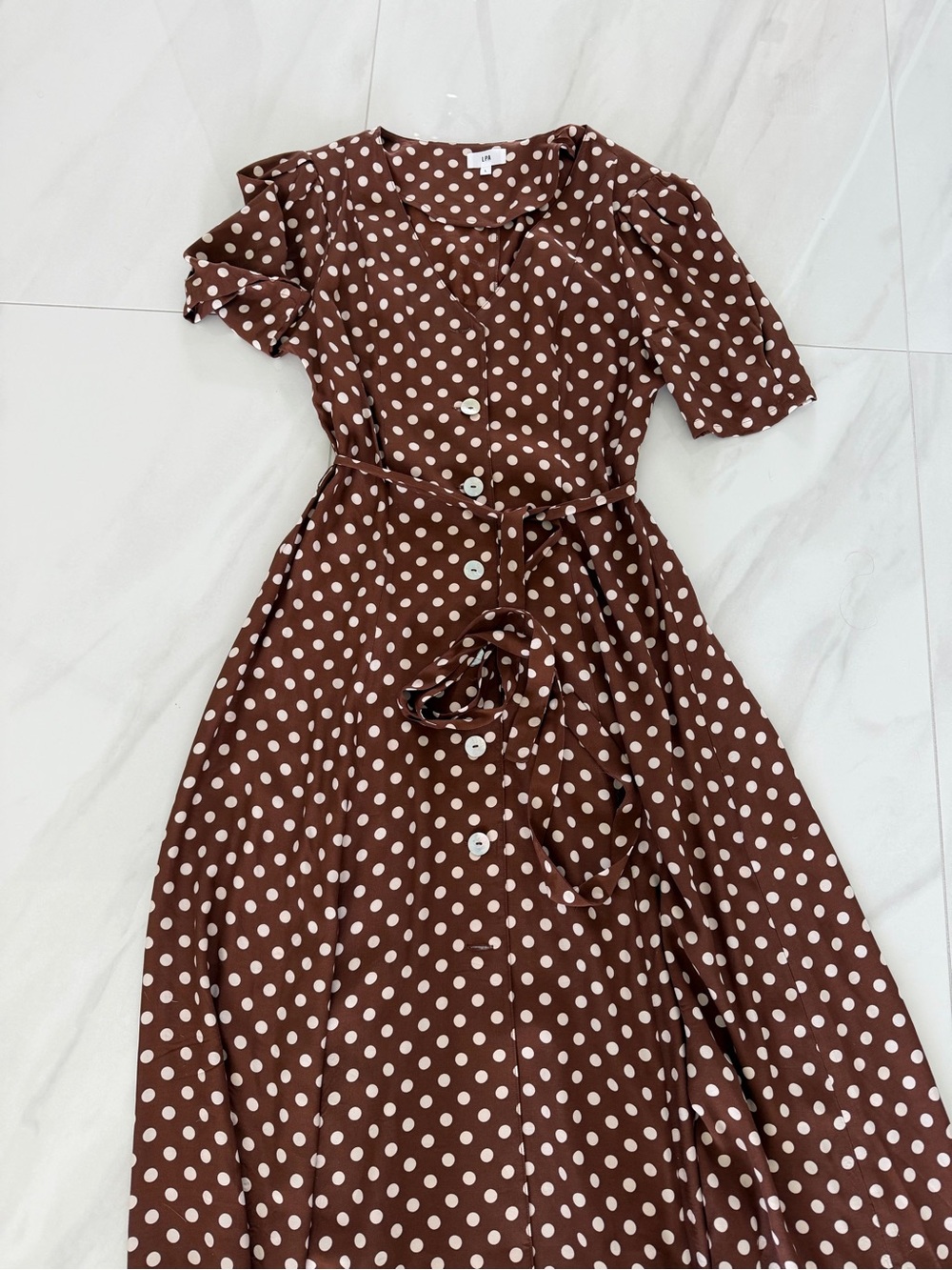 NEVER WORN**LPA Brown and White Polka Dot Wrap Midi Dress - Picture 6 of 13